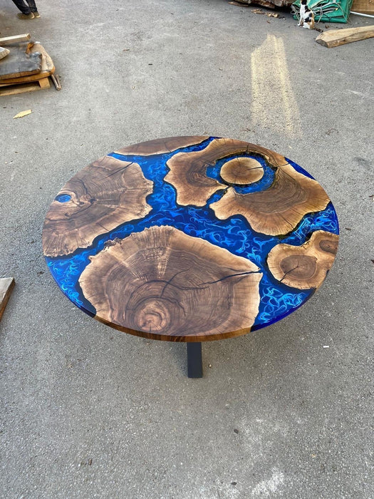 Round Dining Table, Epoxy Table, Epoxy Dining Table, Custom 55” Diameter Round Walnut Wood Blue Epoxy Dining Table, Custom Order for Tracy