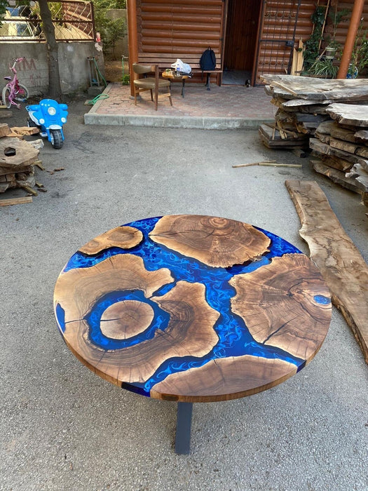 Round Dining Table, Epoxy Table, Epoxy Dining Table, Custom 55” Diameter Round Walnut Wood Blue Epoxy Dining Table, Custom Order for Tracy