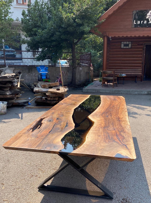 Epoxy Table, Epoxy Dining Table, Walnut Epoxy River Table, Custom 112” x 48” Walnut Black Epoxy River Table Order for Nicole H