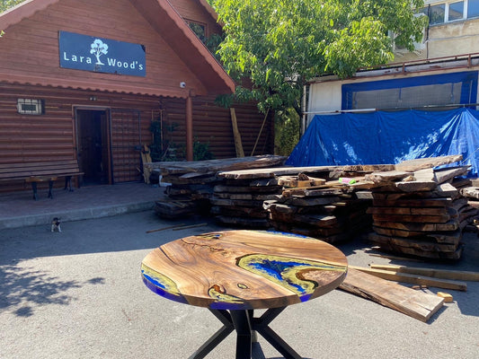 Round Epoxy Table, Custom 45" Round Walnut Midnight Blue Table, Epoxy with Gold Strip Line River Table, Order for Celeste