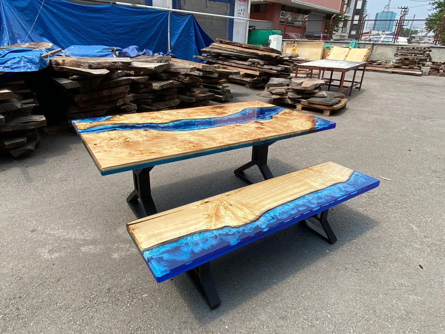 Epoxy Bench, Custom 62” x 17” Poplar Wood Shiny Ocean Blue Bench, Epoxy River Live Edge Table Bench, Custom Order for Roger 2