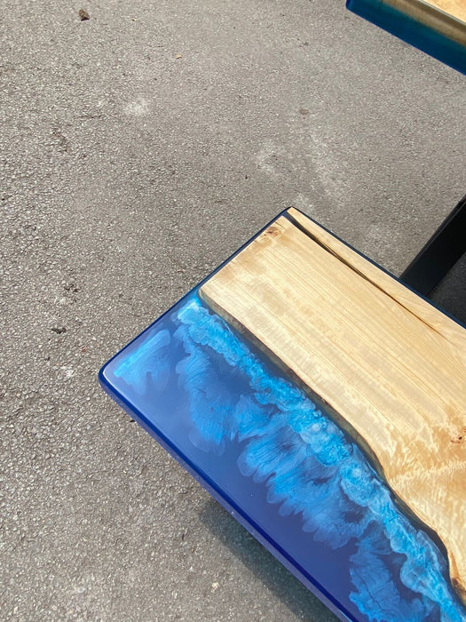 Epoxy Bench, Custom 62” x 17” Poplar Wood Shiny Ocean Blue Bench, Epoxy River Live Edge Table Bench, Custom Order for Roger 2