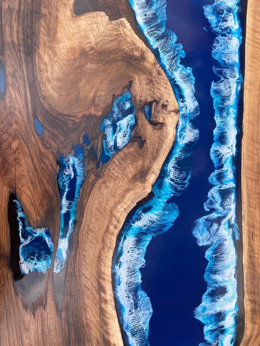Walnut Dining Table, Custom 84” x 44” Walnut Ocean Blue, Turquoise White Waves Table, Epoxy River Dining Table, Custom Order for Lindsay La