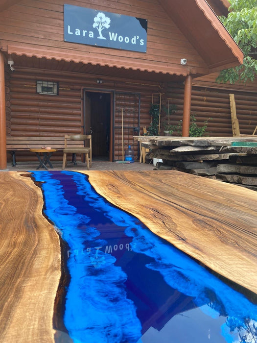 Epoxy Dining Table, Walnut Epoxy Table, River Dining Table, Custom 86” x 48” Walnut Blue Ocean Epoxy River Dining Table Order for Daniel R
