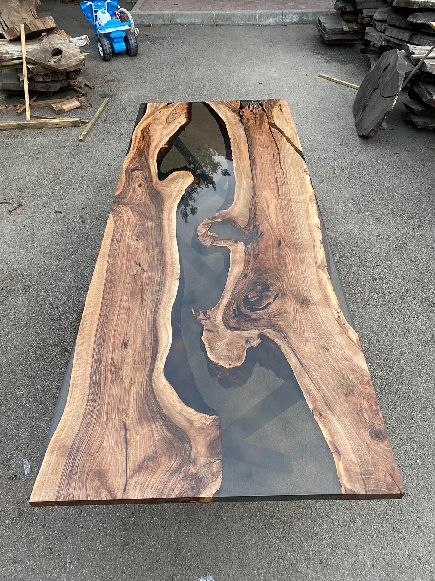 Epoxy Dining Table, Walnut Epoxy Table, Custom 290cm x 110cm Walnut Smoke Gray Epoxy River Dining Table Order for Tatiana