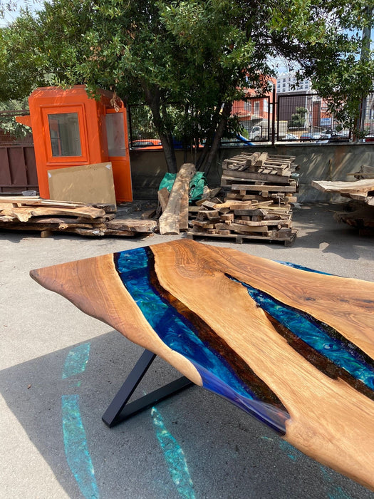 Walnut Dining Table, Live Edge Epoxy Resin Table, Custom 79” x 39” Walnut Blue, Turquoise, Green Epoxy Dining Table, Custom for Tx Barbie