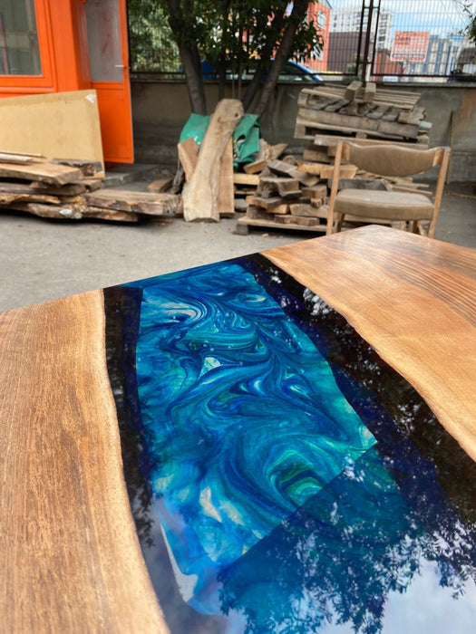 Walnut Dining Table, Live Edge Epoxy Resin Table, Custom 79” x 39” Walnut Blue, Turquoise, Green Epoxy Dining Table, Custom for Tx Barbie