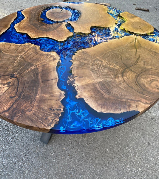 Round Dining Table, Epoxy Table, Epoxy Dining Table, Custom 55” Diameter Round Walnut Wood Blue Epoxy Dining Table, Custom Order for Tracy