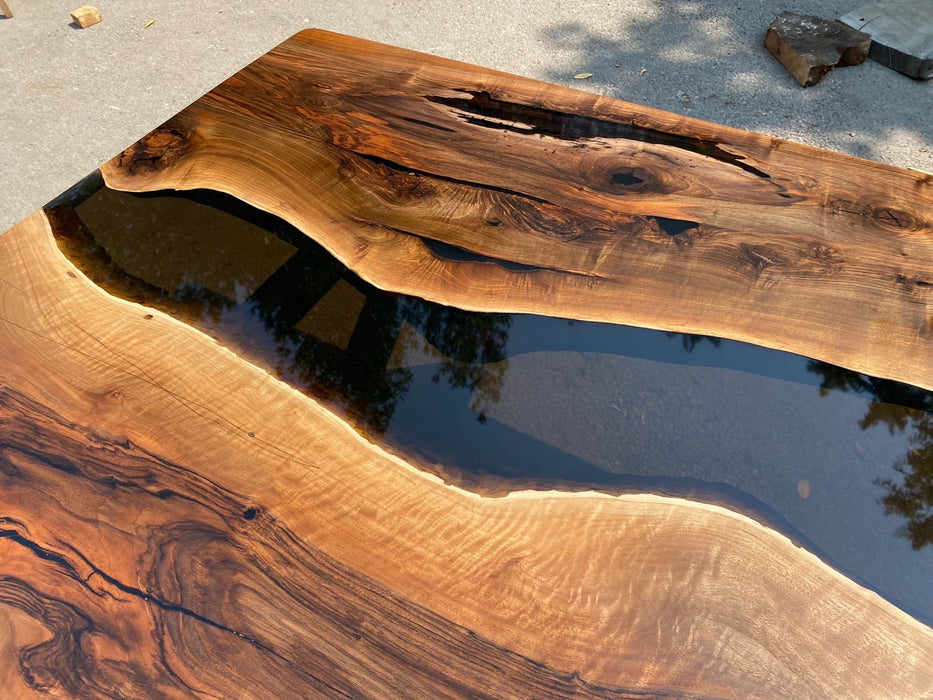 Epoxy Table, Epoxy Dining Table, Walnut Epoxy River Table, Custom 112” x 48” Walnut Black Epoxy River Table Order for Nicole H