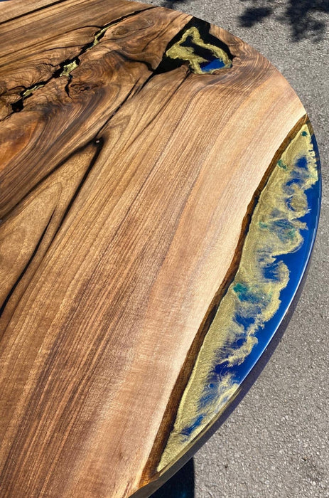 Round Epoxy Table, Custom 45" Round Walnut Midnight Blue Table, Epoxy with Gold Strip Line River Table, Order for Celeste