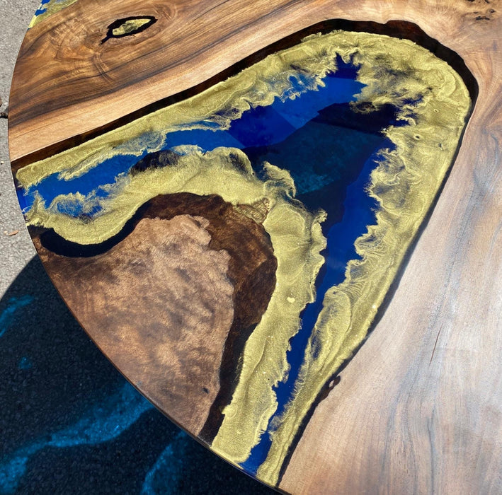 Round Epoxy Table, Custom 45" Round Walnut Midnight Blue Table, Epoxy with Gold Strip Line River Table, Order for Celeste