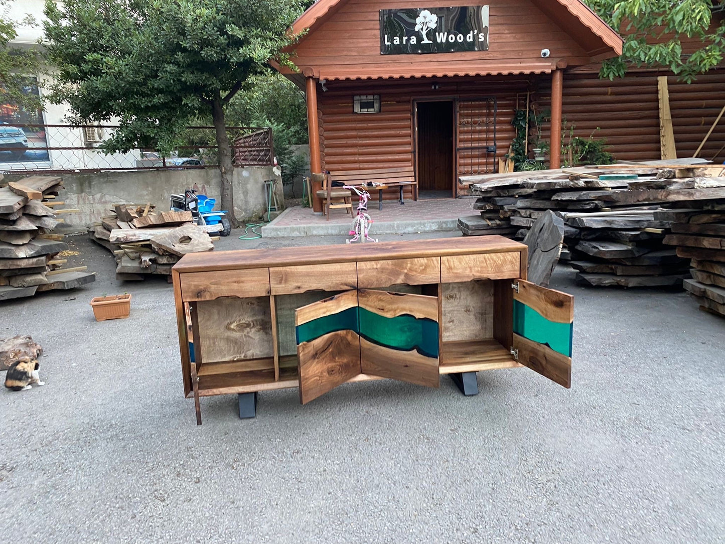 Custom Epoxy Credenza, 70” x 16” x 36” Walnut Wood Epoxy Resin Credenza, Walnut Green Epoxy Office Cabinet, Epoxy Credenza for Elizabeth