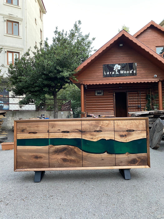 Custom Epoxy Credenza, 70” x 16” x 36” Walnut Wood Epoxy Resin Credenza, Walnut Green Epoxy Office Cabinet, Epoxy Credenza for Elizabeth