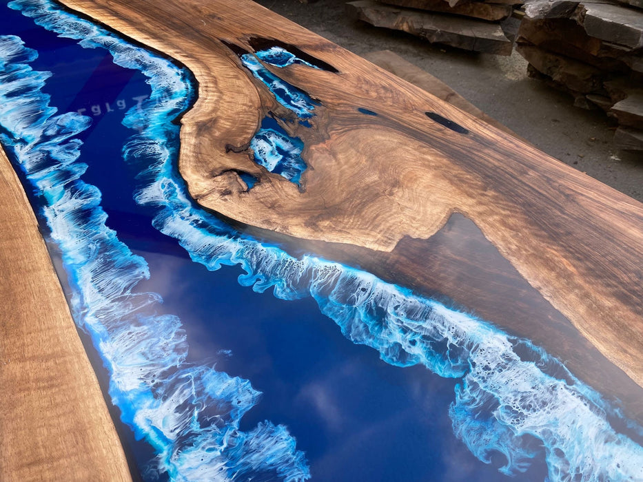 Walnut Dining Table, Custom 84” x 44” Walnut Ocean Blue, Turquoise White Waves Table, Epoxy River Dining Table, Custom Order for Lindsay La