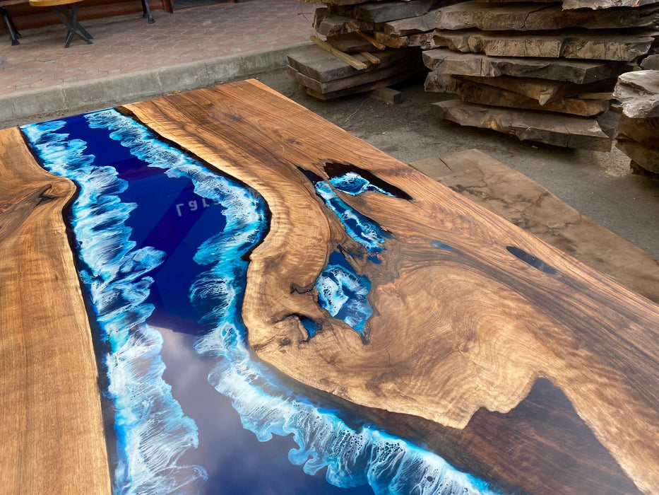Walnut Dining Table, Custom 84” x 44” Walnut Ocean Blue, Turquoise White Waves Table, Epoxy River Dining Table, Custom Order for Lindsay La