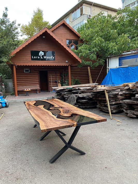 Epoxy Dining Table, Walnut Epoxy Table, Custom 290cm x 110cm Walnut Smoke Gray Epoxy River Dining Table Order for Tatiana