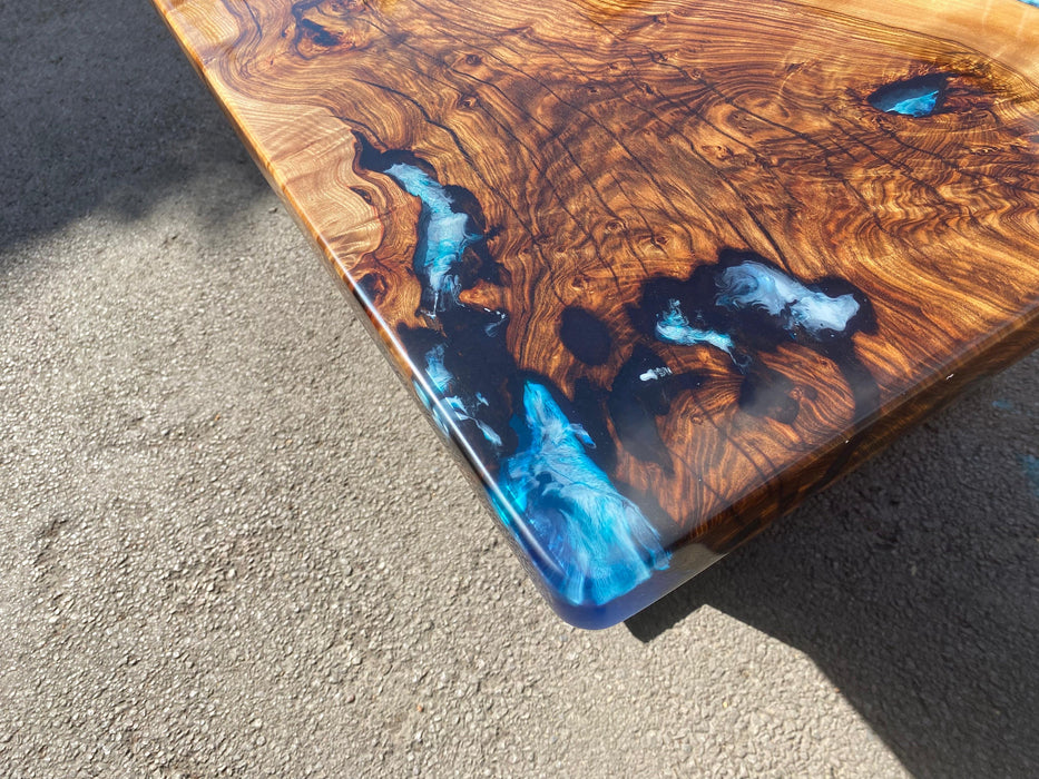 Hackberry Wood Dining Table, Custom 60” x 40” Shiny Hackberry Blue Epoxy Dining Table, Live Edge River Table, Custom Order for Miriam L