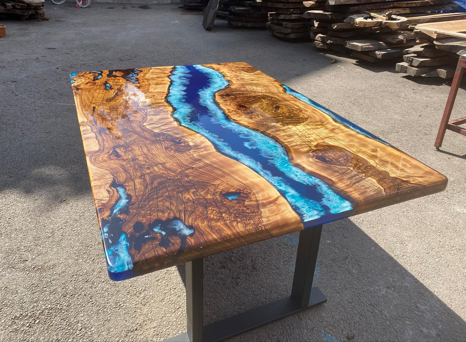 Hackberry Wood Dining Table, Custom 60” x 40” Shiny Hackberry Blue Epoxy Dining Table, Live Edge River Table, Custom Order for Miriam L