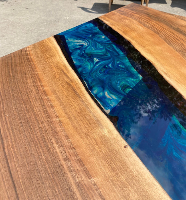 Walnut Dining Table, Live Edge Epoxy Resin Table, Custom 79” x 39” Walnut Blue, Turquoise, Green Epoxy Dining Table, Custom for Tx Barbie