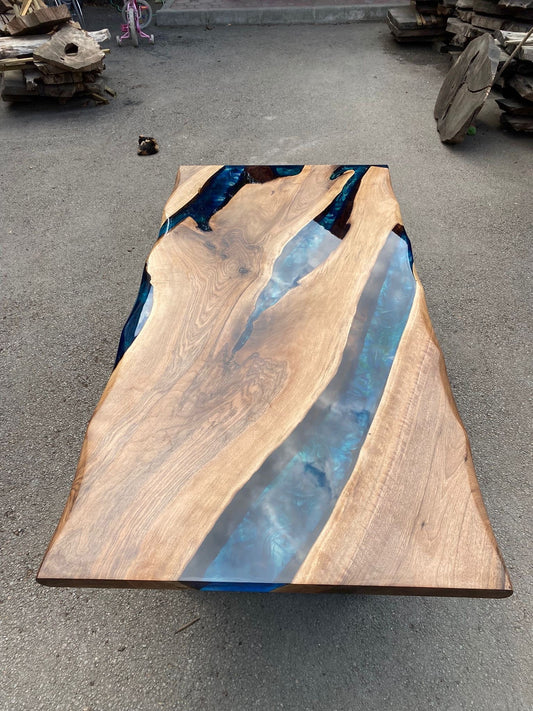 Walnut Dining Table, Live Edge Epoxy Resin Table, Custom 79” x 39” Walnut Blue, Turquoise, Green Epoxy Dining Table, Custom for Tx Barbie