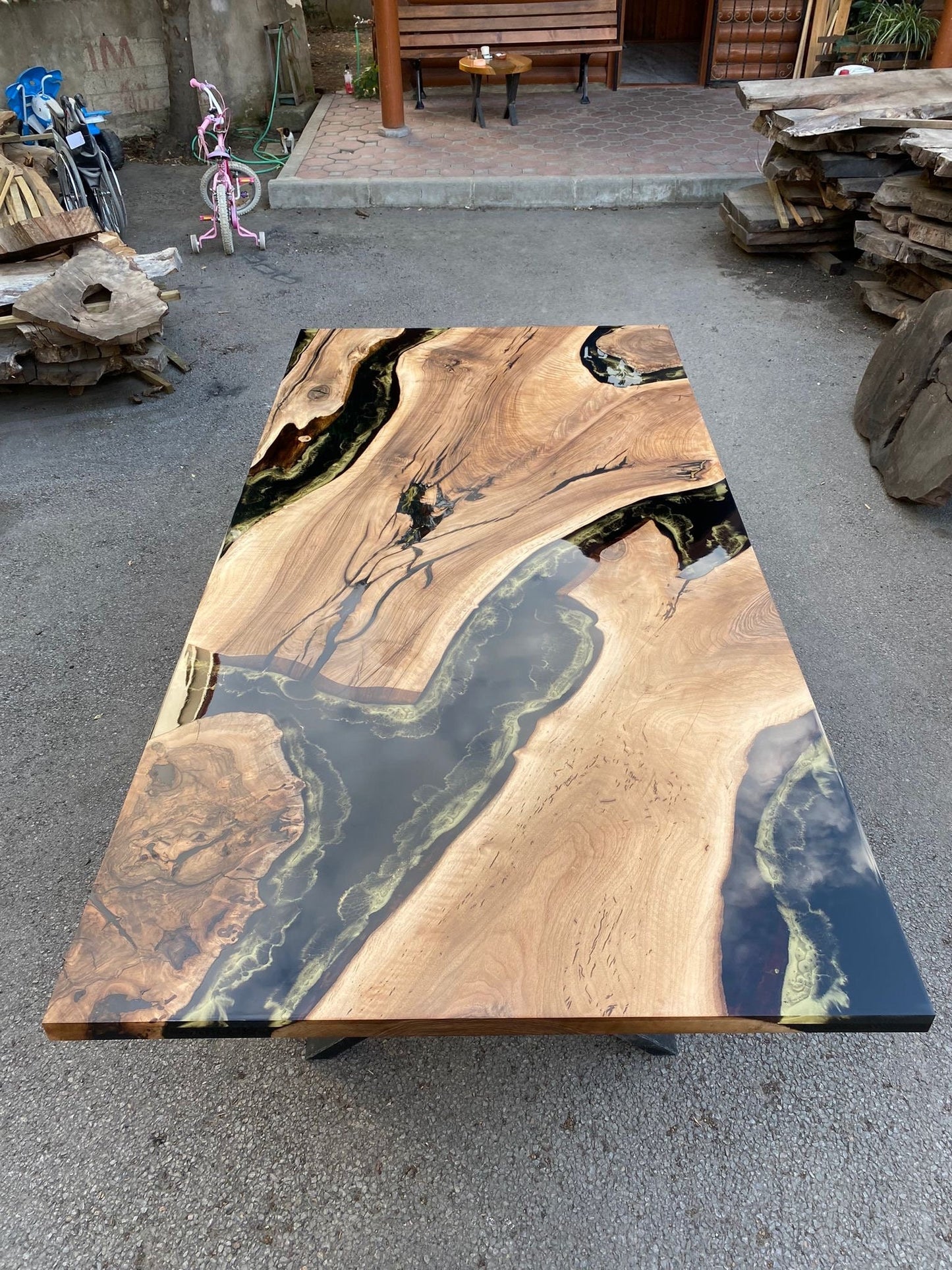 Epoxy Table, Custom 96” x 48" Walnut Black Epoxy Table, Gold Leaf Table, River Table, Gold Epoxy Dining Table, Custom Order for Garrett