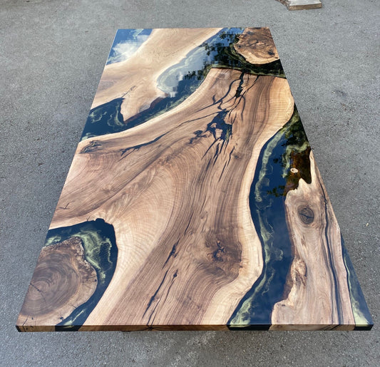 Epoxy Table, Custom 96” x 48" Walnut Black Epoxy Table, Gold Leaf Table, River Table, Epoxy Dining Table, Custom Order for Garrett