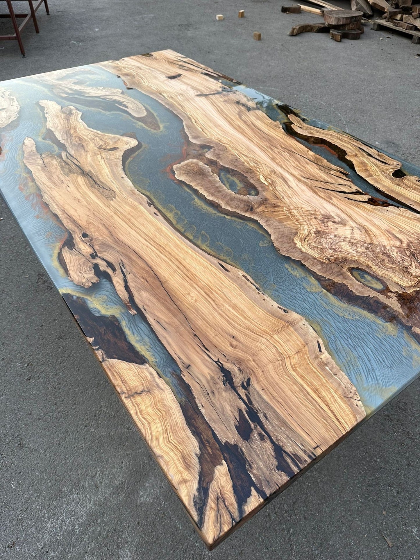 Epoxy Resin Table, Epoxy Dining Table, Custom 78” x 44” Olive Table, Smoke Gray Epoxy Table, Custom Table with Beam Order for Rhonda