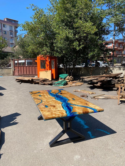 Ocean Table, Poplar Table, Custom 84” x 42” Poplar Wood Shiny Ocean Blue Table, Epoxy River Table, Live Edge Table, Custom Order for Julia