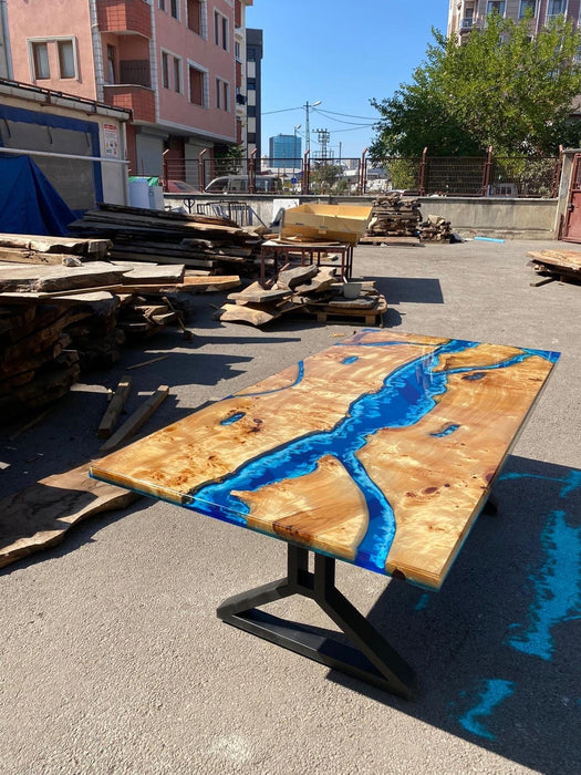 Ocean Table, Poplar Table, Custom 84” x 42” Poplar Wood Shiny Ocean Blue Table, Epoxy River Table, Live Edge Table, Custom Order for Julia