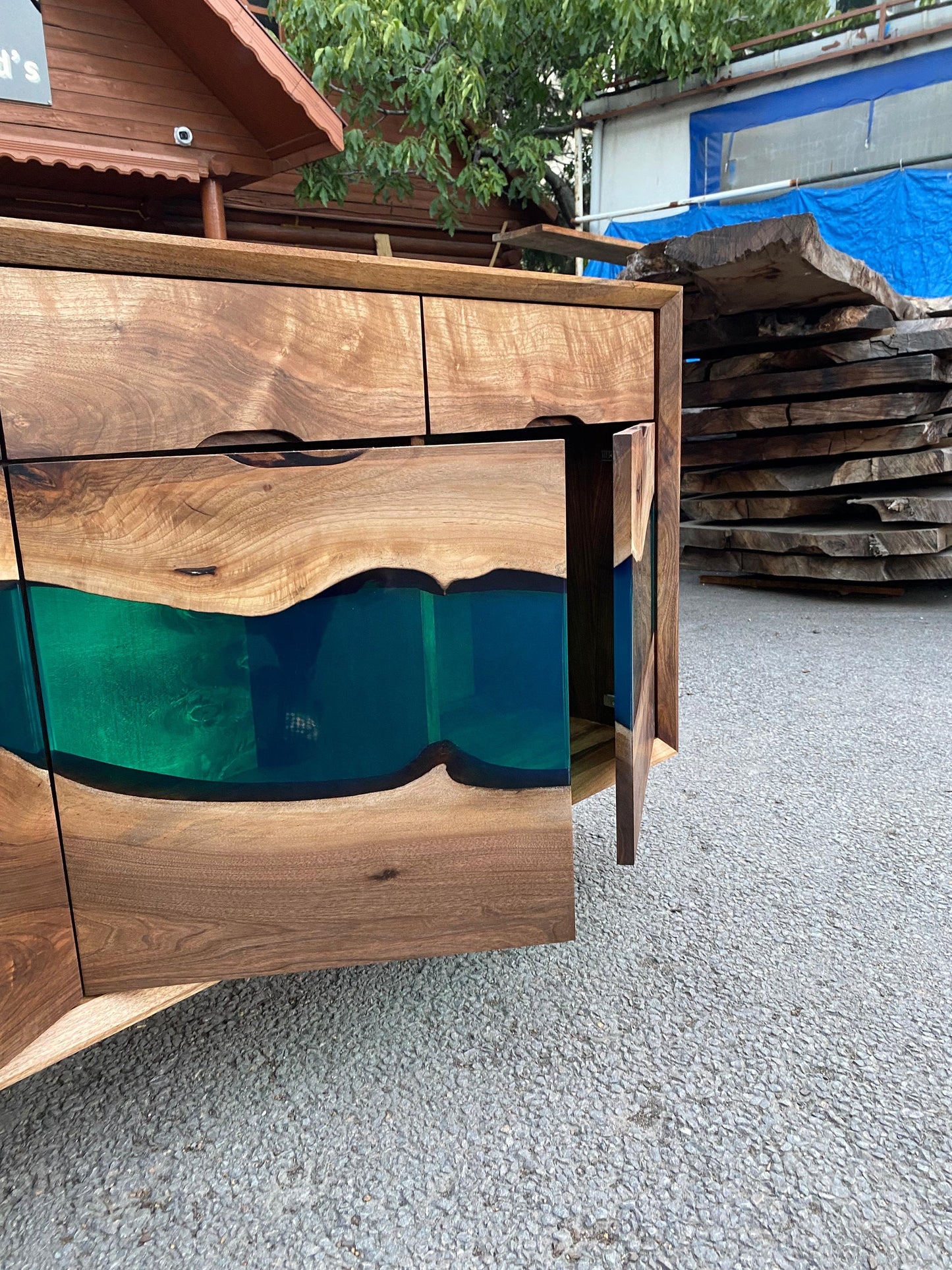 Custom Epoxy Credenza, 70” x 16” x 36” Walnut Wood Epoxy Resin Credenza, Walnut Green Epoxy Office Cabinet, Epoxy Credenza for Elizabeth