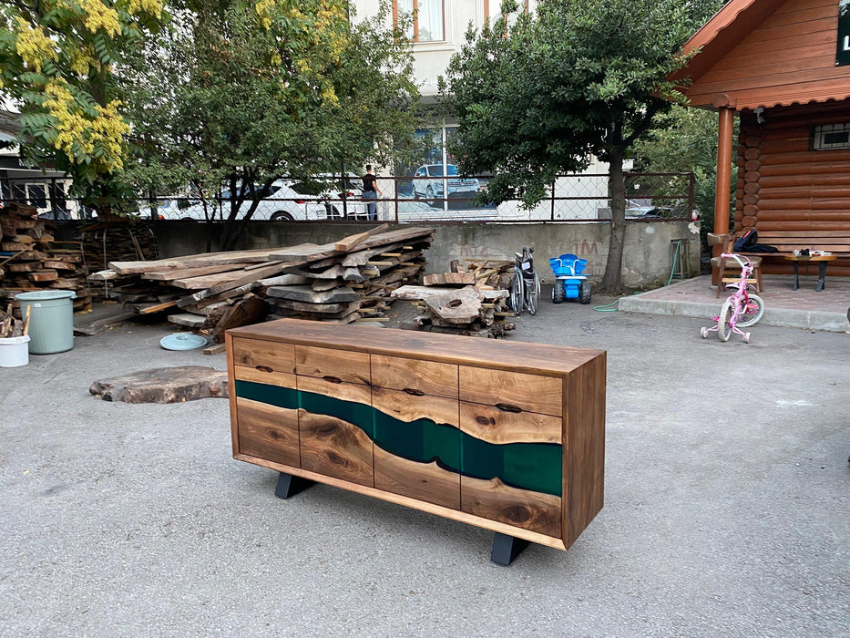 Custom Epoxy Credenza, 70” x 16” x 36” Walnut Wood Epoxy Resin Credenza, Walnut Green Epoxy Office Cabinet, Epoxy Credenza for Elizabeth