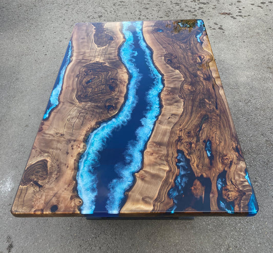 Hackberry Wood Dining Table, Custom 60” x 40” Shiny Hackberry Blue Epoxy Dining Table, Live Edge River Table, Custom Order for Miriam L