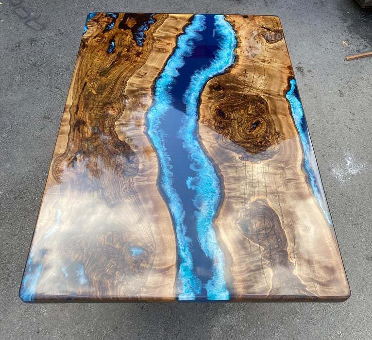 Hackberry Wood Dining Table, Custom 60” x 40” Shiny Hackberry Blue Epoxy Dining Table, Live Edge River Table, Custom Order for Miriam L