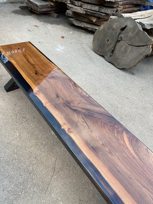 Epoxy Walnut Bench, Custom 85” x 17” Unique Walnut Wood Bench, Black Epoxy River Dining Bench, Custom Order for Amy She5