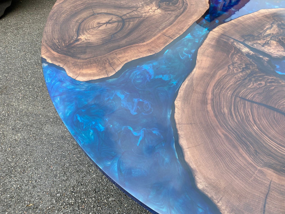 Round Dining Epoxy Table, Epoxy Dining Table, Custom 65” Diameter Round Walnut Wood Blue Epoxy Dining Table, Custom Order for Christine B