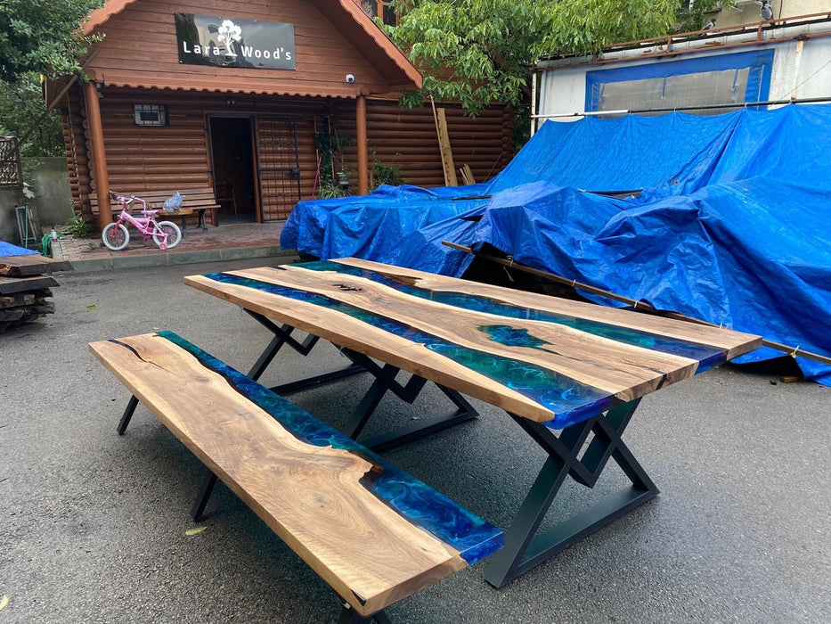 Epoxy Resin Bench, Custom 110” x 17” Walnut Blue, Green Bench, Epoxy Dining Bench, Live Edge Table Order for Wbayne Laurie