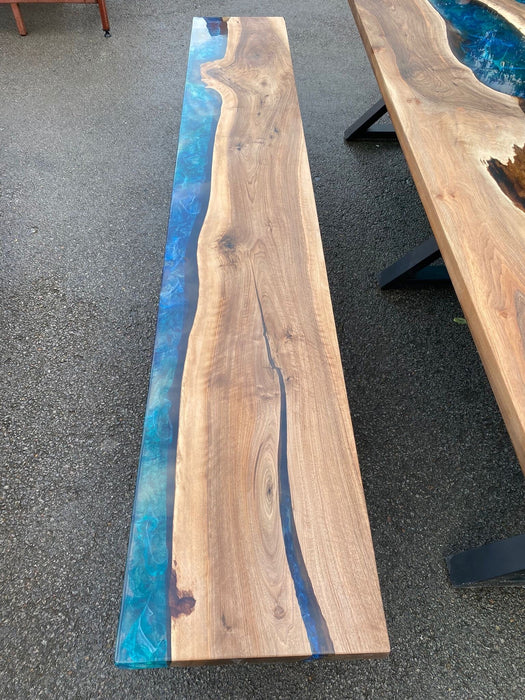 Epoxy Resin Bench, Custom 110” x 17” Walnut Blue, Green Bench, Epoxy Dining Bench, Live Edge Table Order for Wbayne Laurie