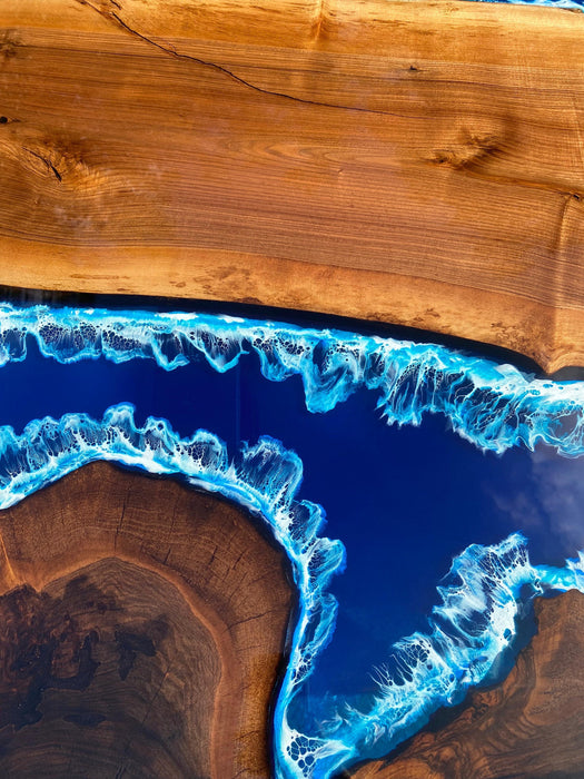 Walnut Dining Table, Custom 72” x 36” Walnut Shiny Ocean Blue, Turquoise White Waves Epoxy River Table, Custom Order for Angela C