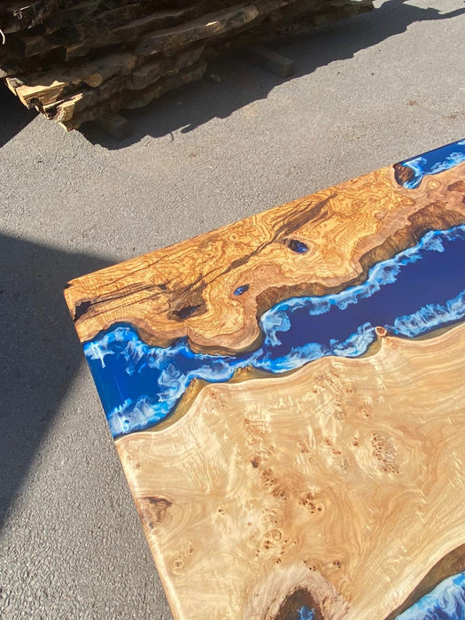 Epoxy Coffee Table, Epoxy Resin Table, Custom 96” x 44” Poplar and Olive  Wood Blue Epoxy Waves Live Edge Table, Custom Order for Jordan H