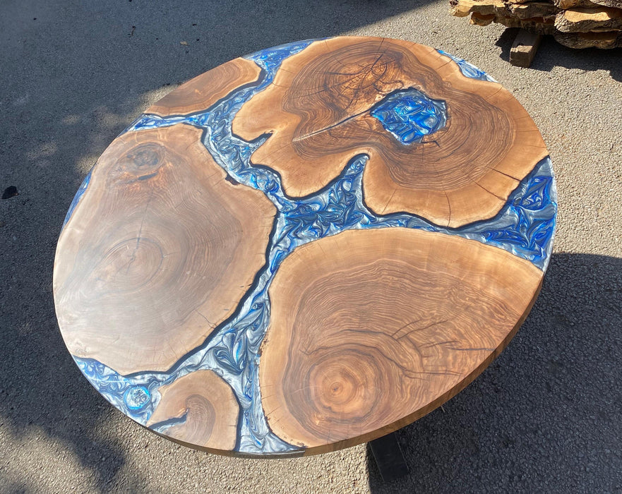 Round Blue Epoxy Table, Custom 50” Round  Walnut Blue Epoxy Table, Epoxy Dining Table, Live Edge Table, Order for Robin