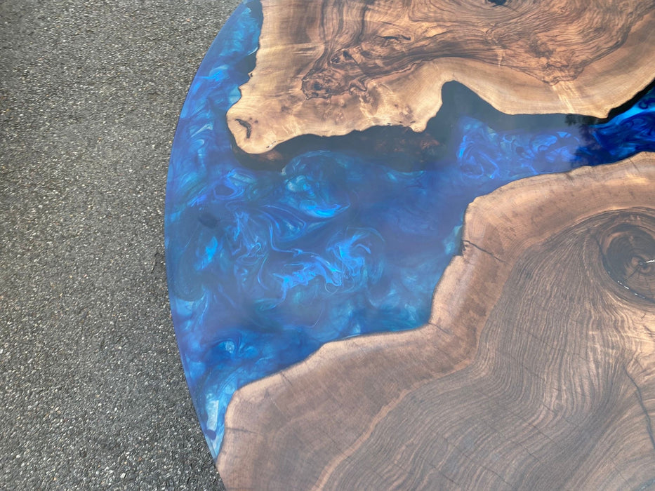 Round Dining Epoxy Table, Epoxy Dining Table, Custom 65” Diameter Round Walnut Wood Blue Epoxy Dining Table, Custom Order for Christine B