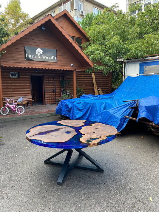 Round Dining Epoxy Table, Epoxy Dining Table, Custom 65” Diameter Round Walnut Wood Blue Epoxy Dining Table, Custom Order for Christine B