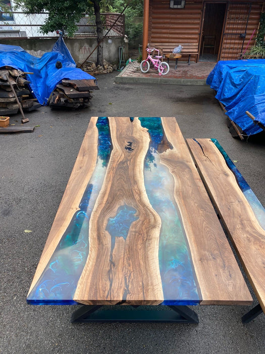 Epoxy Resin Table, Custom 115” x 48” Walnut Blue, Green Table, Epoxy Dining Table, Live Edge Table Order for Wbayne Laurie