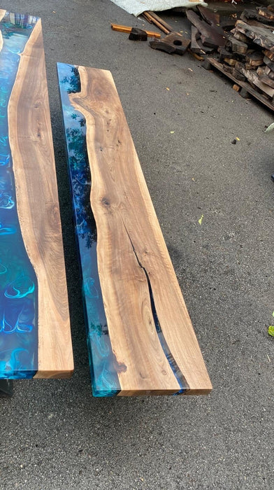 Epoxy Resin Bench, Custom 110” x 17” Walnut Blue, Green Bench, Epoxy Dining Bench, Live Edge Table Order for Wbayne Laurie