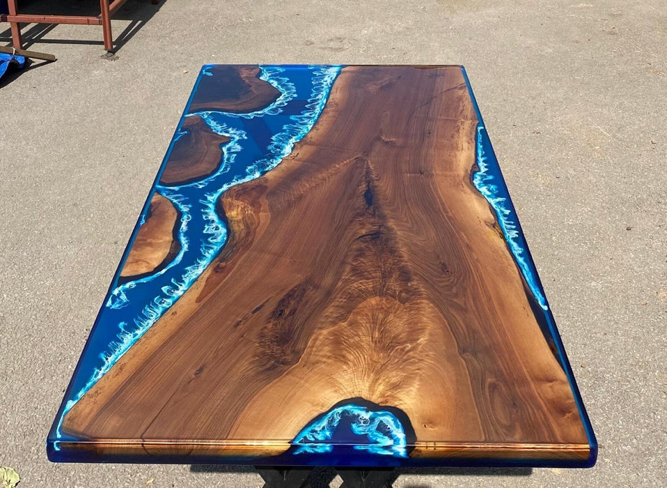 Walnut Dining Table, Custom 72” x 36” Walnut Shiny Ocean Blue, Turquoise White Waves Epoxy River Table, Custom Order for Angela C