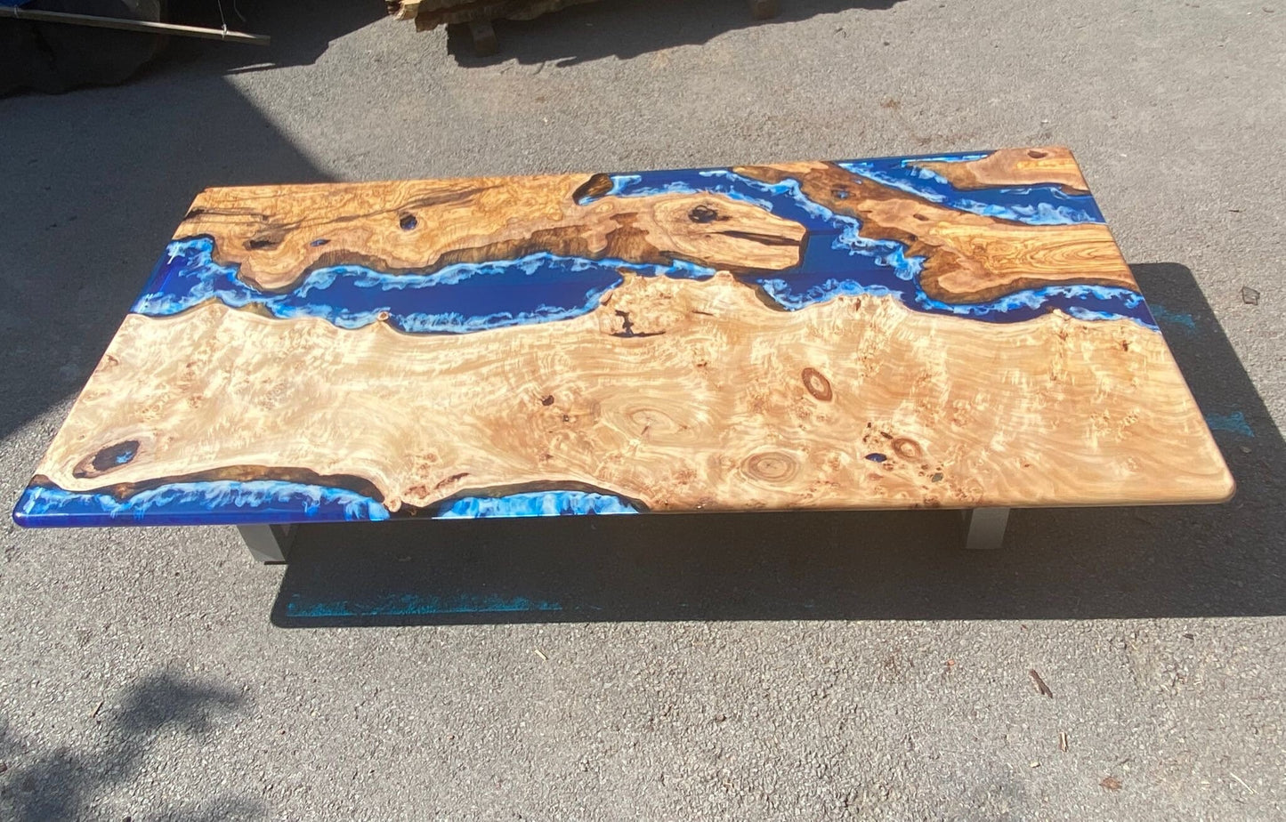 Epoxy Coffee Table, Epoxy Resin Table, Custom 96” x 44” Poplar and Olive  Wood Blue Epoxy Waves Live Edge Table, Custom Order for Jordan H