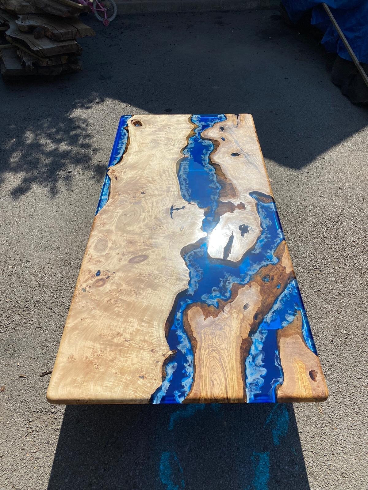 Epoxy Coffee Table, Epoxy Resin Table, Custom 96” x 44” Poplar and Olive  Wood Blue Epoxy Waves Live Edge Table, Custom Order for Jordan H