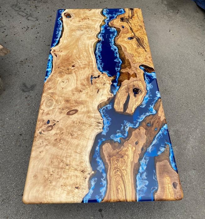 Epoxy Coffee Table, Epoxy Resin Table, Custom 96” x 44” Poplar and Olive  Wood Blue Epoxy Waves Live Edge Table, Custom Order for Jordan H