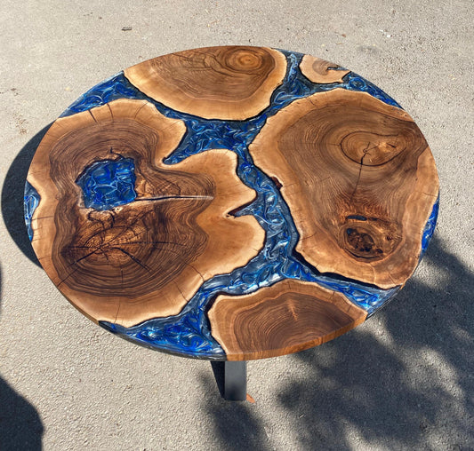 Round Blue Epoxy Table, Custom 50” Round  Walnut Blue Epoxy Table, Epoxy Dining Table, Live Edge Table, Order for Robin