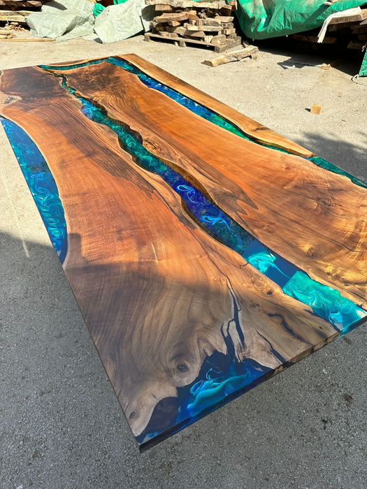 Handmade Epoxy Table, Custom 100” x 42” Walnut Blue, Turquoise, Green Table, Epoxy Dining Table, Live Edge Table, Custom for Tajara